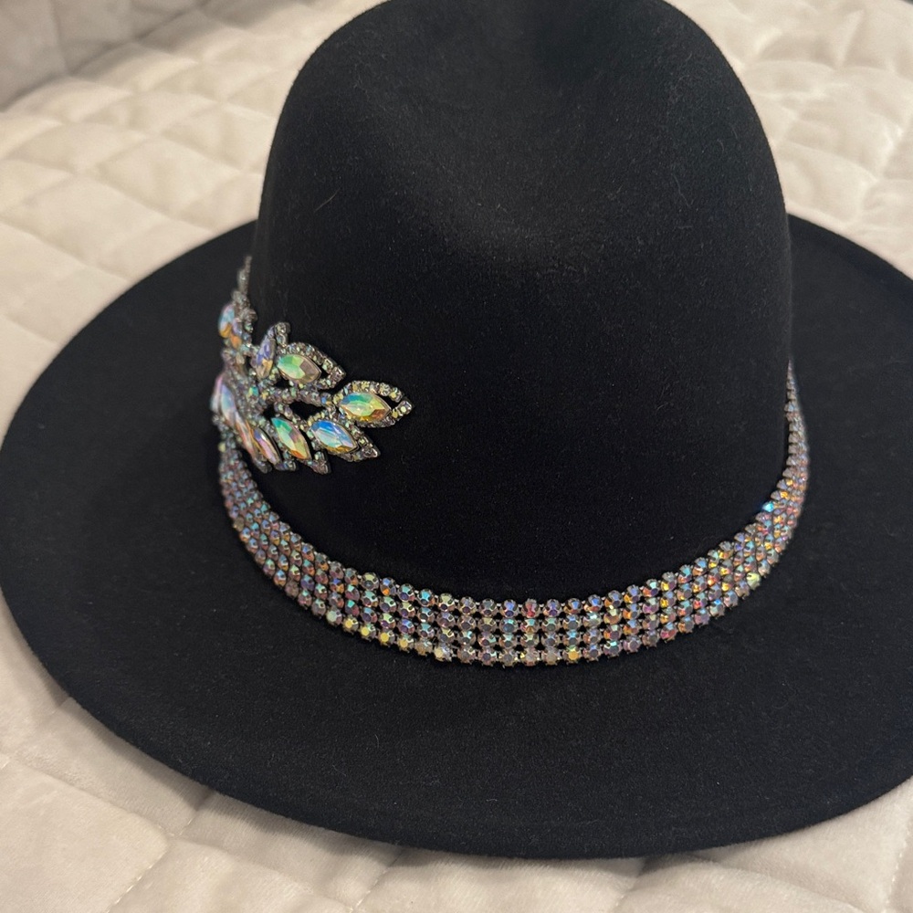 Custom Black Fedora with Rhinestone band Embellishments - Picture 3 of 5